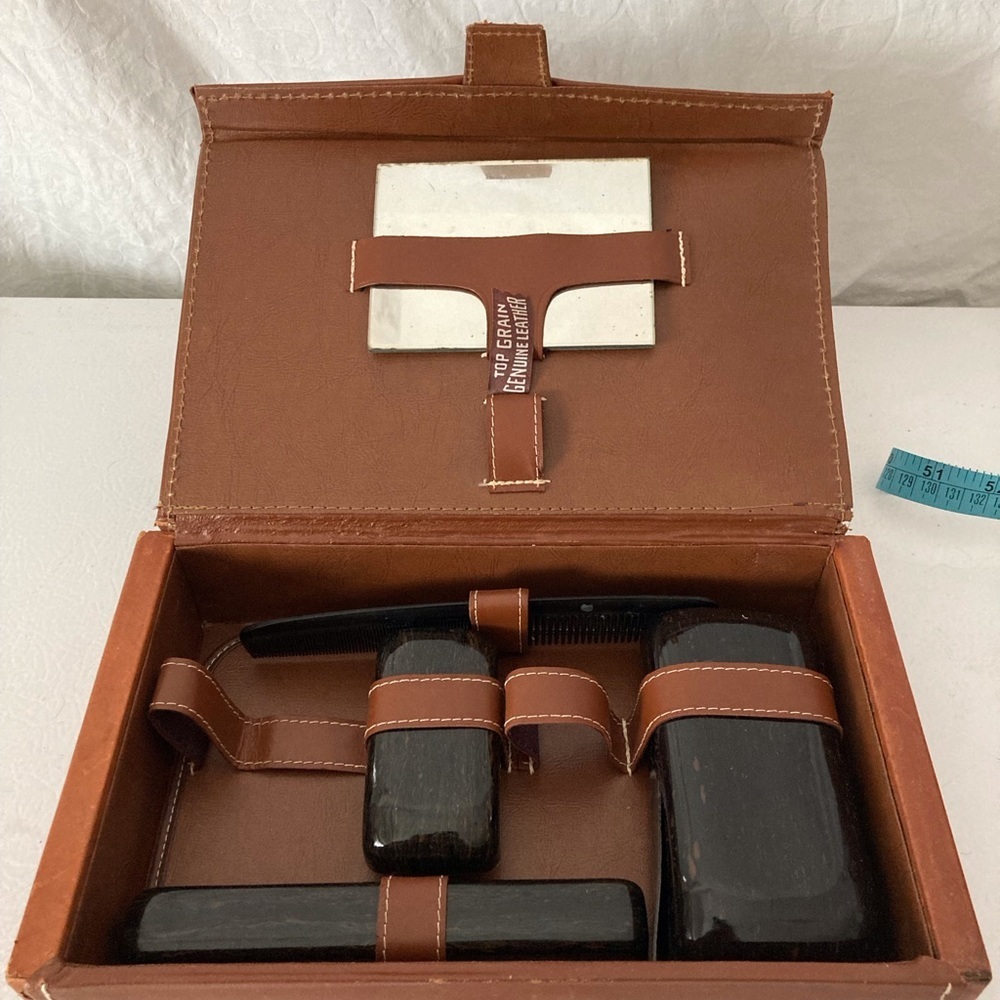 Top Grain Leather Toiletry Kit W/ Faux Tortoise Boxes and Containers